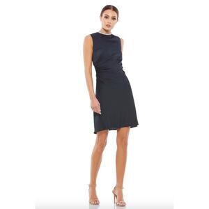 MAC DUGGAL Dress Size 2 Mini Dress Satin Navy Blue Cocktail NEW Rhinestone Neck